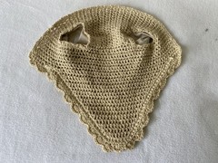 TAN Fly Veil Ear Bonnet~HORSE Sz~Snaffle Bit Logo~TAN~Crystal & Rope Edge Piping