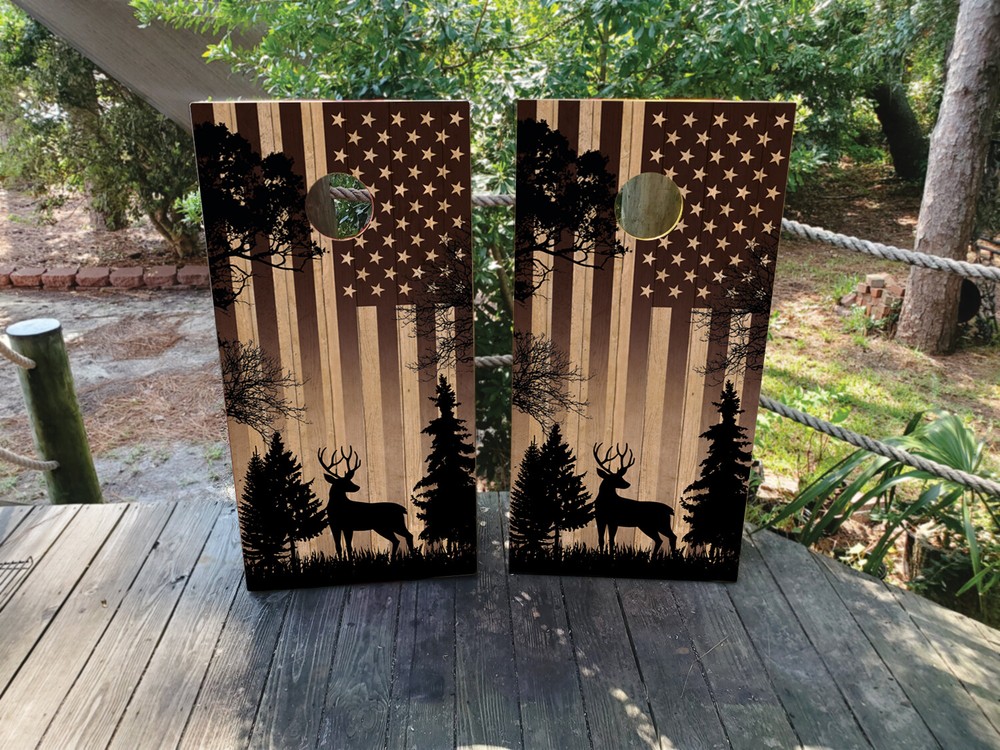 WATERPROOF Iconic Forest Deer USA Flag Cornhole Board Wraps / Cornhole Decals
