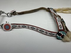 Vintage Western Navajo Beaded Horse Headstall Bridle Metal Bit With Fur