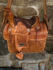 Vintage Leather Horse Saddle Crossbody Shoulder Bag Tooled Western