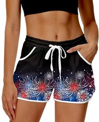 Deerose Patriotic Firework Swim Trunk For Women Red White Blue Summer Board