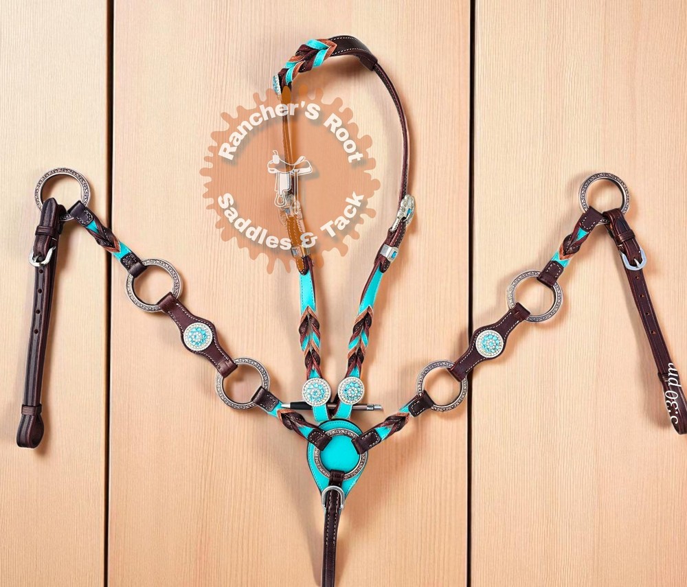 Western Leather Tack Set For Horse | Teal Ring Tack Set With Barided