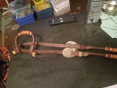 used leather headstall sliding ear silver buckles Red And White Rawhide Wrapped