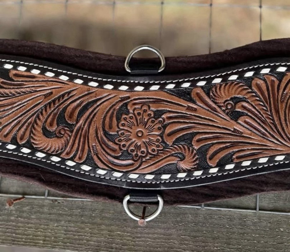 32” Size Tooled Leather Felt Bottom Western Girth Cinch