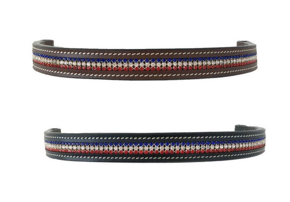 Show Brow Band Black Brn leather Bold Red/Wht/Blue crystal accents-Full Cob Pony