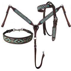 Teal Navajo Beaded Inlay Browband Headstall & Breast Collar & Wither Strap NEW