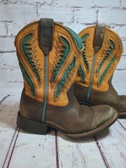 Ariat Ventek Wiggle Room Western Square Toe Boots Brown Turquoise Orange Kids 10