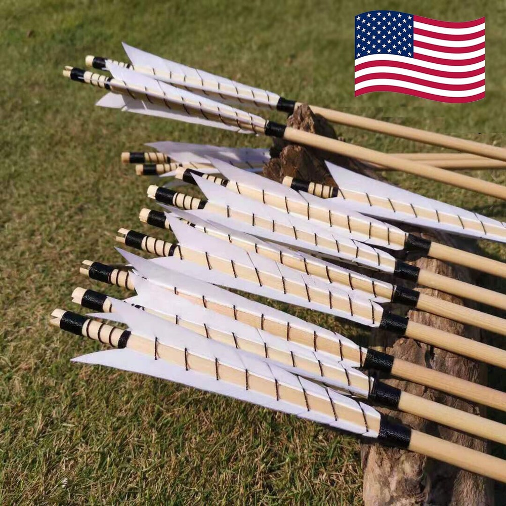 12X 32″ Archery Feather Wooden Arrows Traditional Longbow Recurve Bow Hunting