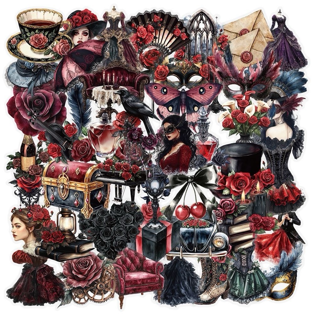 30Pcs Mixed Vintage Gothic Masquerade Clear PET Mask Dark Romance Stickers