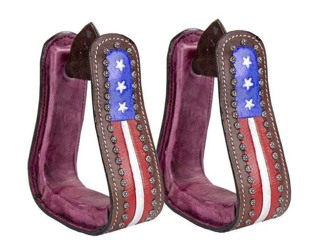 Tahoe Patriotic American Flag Leather Adult Stirrups Pair for Western Saddles