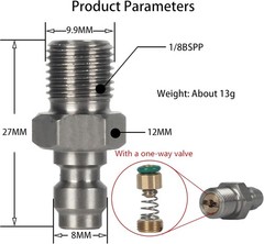 8mm Quick-Disconnect Plug Adapter, Stainless Steel / 1/8 inch, 1/8» BSPP