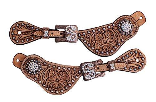Showman Ladies Leather Spur Straps w/ Floral Tooling & Crystal Rhinestones
