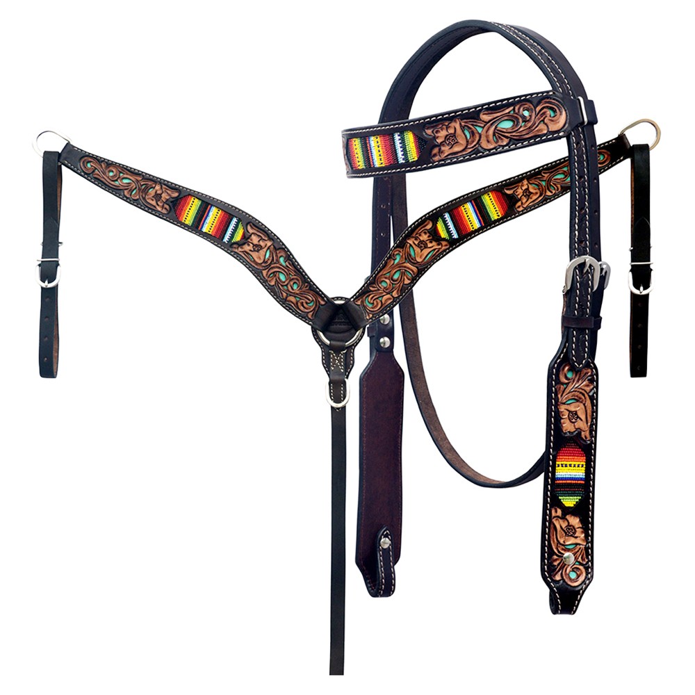 Hilason Horse Floral Hand Carved American Leather Breast Collar Headstall