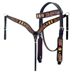 Hilason Horse Floral Hand Carved American Leather Breast Collar Headstall