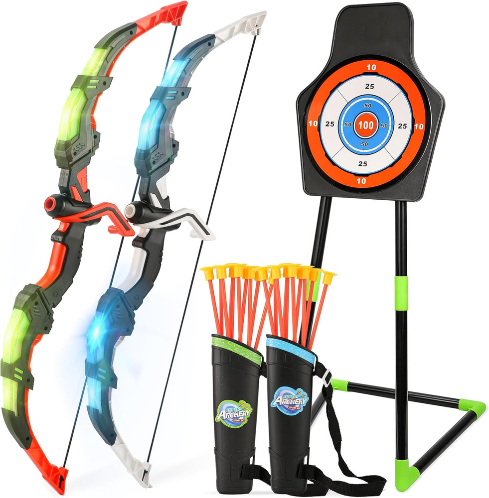 Bow and Arrow Set for Kids, 2 Pack LED Light up Archery Set with 20 Suction Cup