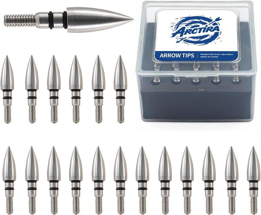 25 Pcs Archery Field Points 100/125 Grain Stainless Steel Arrow Tips with Case