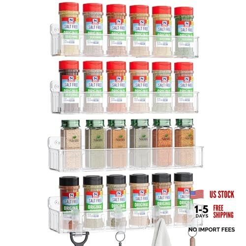 Wall-Mounted Spice Rack – 4 Pack – Screw or Adhesive Installation – Spice Clear