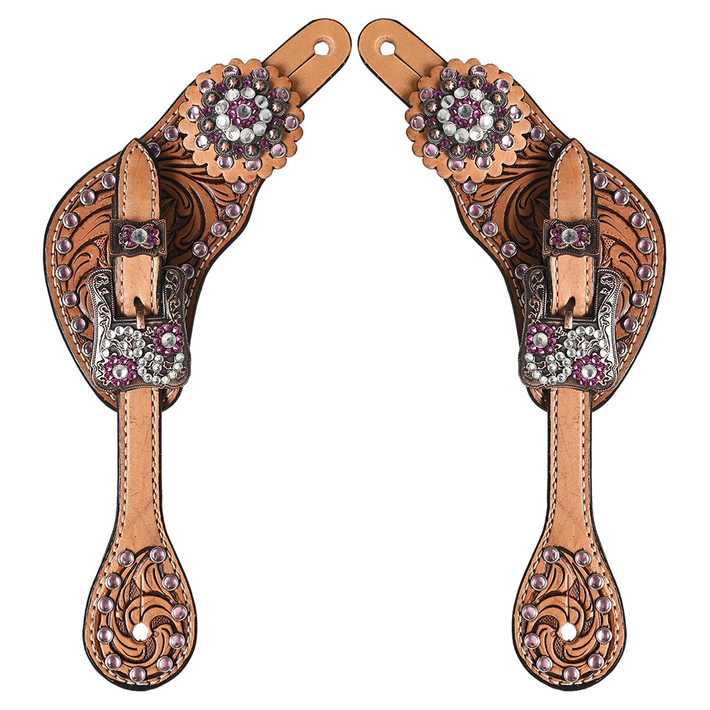 Hilason Western Leather Spur Straps Brown Floral Crystals Bling Pink