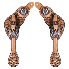 Hilason Western Leather Spur Straps Brown Floral Crystals Bling Pink