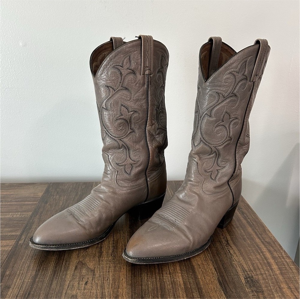 Tony Lama Western Boots Gray Leather Embroidered Pointed Toe 11.5D 62080