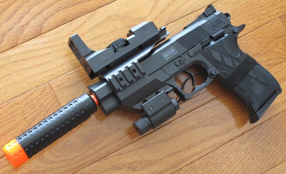 Airsoft Spring Pistol W/Barrel Extension, Red Laser, Fake Scope 230 FPS 2122B3