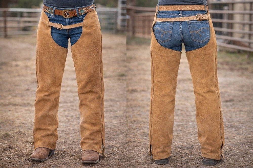 Women’s Brown Leather Western Riding Chaps 29-34 Waist 42” Long Thick