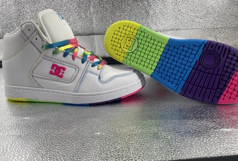 DC Unisex woman’s White Multicolor High Top Sneakers Rainbow Laces Size 10