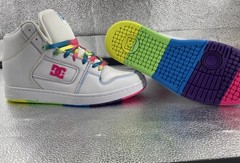 DC Unisex woman’s White Multicolor High Top Sneakers Rainbow Laces Size 10