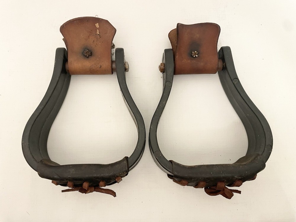 (2) Pair of Vintage Western Leather Wrapped Bell Horse Stirrups Ranch Work