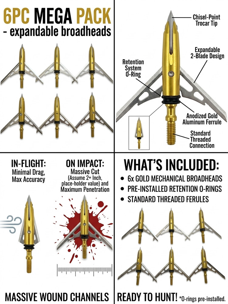 6pc 100 Grain Mechanical Broadheads – 2 Blade Expandable Hunting Arrowheads Gold