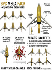 6pc 100 Grain Mechanical Broadheads – 2 Blade Expandable Hunting Arrowheads Gold