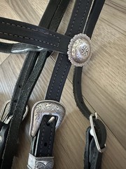EUC Gorgeous Western snaffle show bridle custom-made with silver & mecate reins