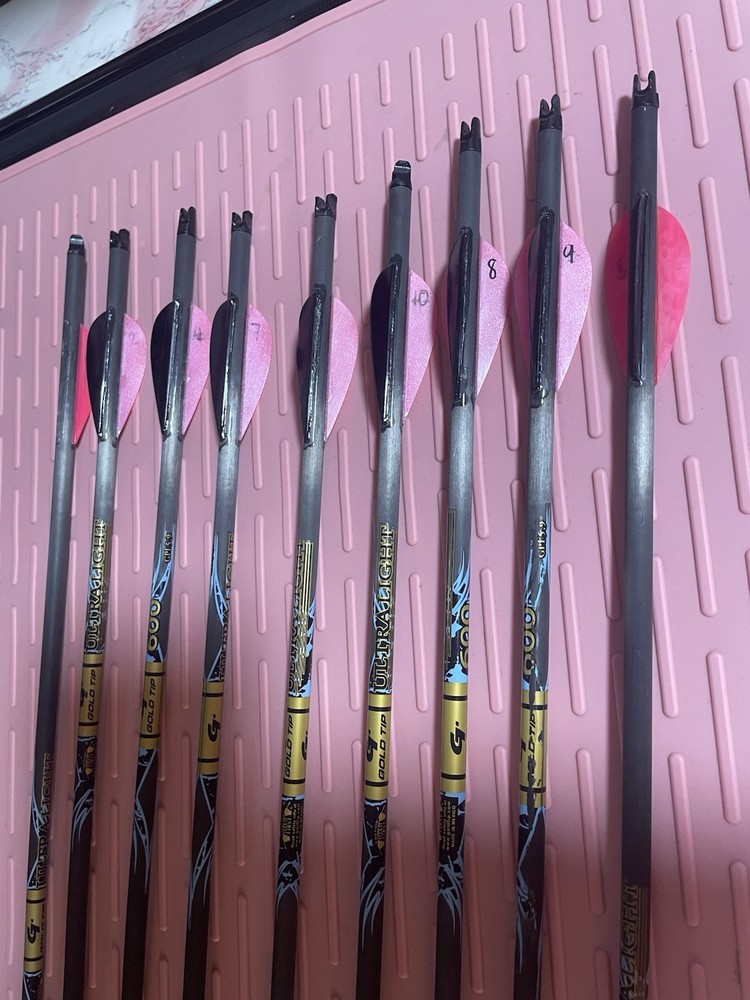 Gold Tip Ultralight Carbon Arrows 600 Spine 23 1/2 in Black/Pink Vanes set of 9