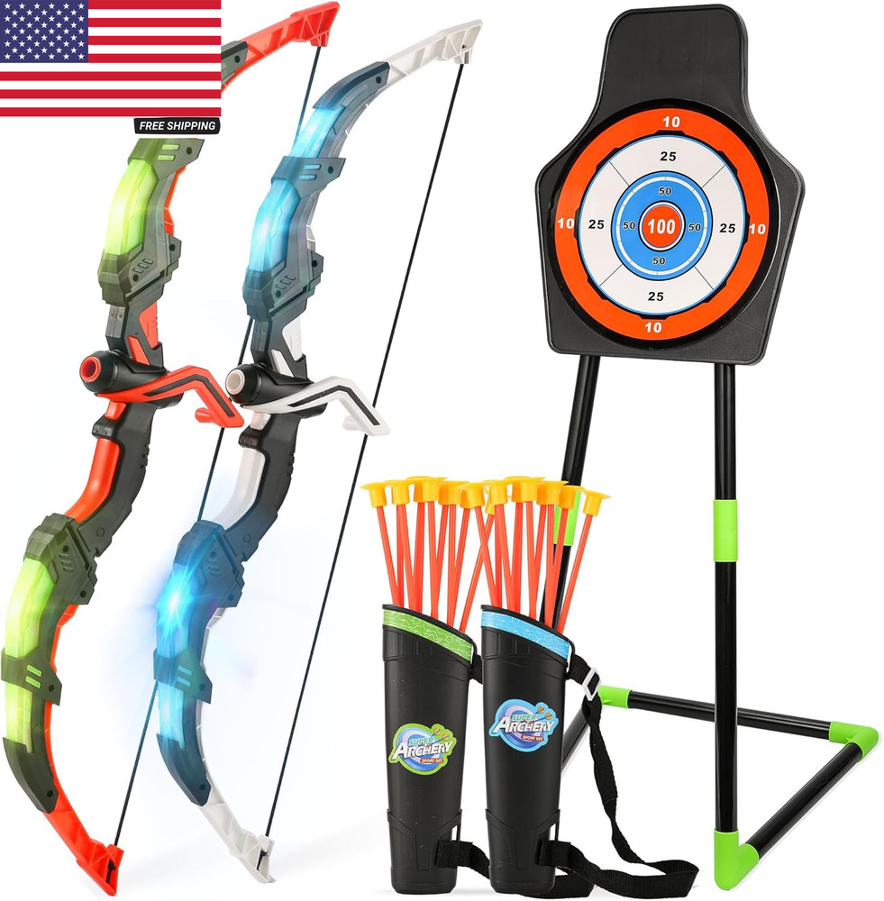 Bow and Arrow Set for Kids, 2 Pack LED Light up Archery Set with 20 Suction Cup
