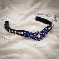 Black Leather Horse Browband with Blue Red Crystal Rhinestones Show Bridle