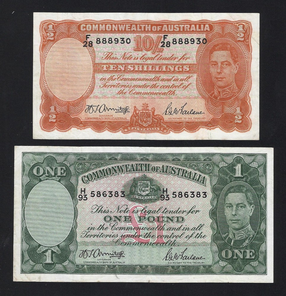 AUSTRALIA 10 Shillings + 1 Pound 1939-52 Picks. 25b + 26b MBC+ / VF