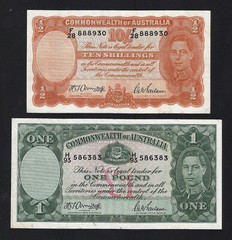 AUSTRALIA 10 Shillings + 1 Pound 1939-52 Picks. 25b + 26b MBC+ / VF