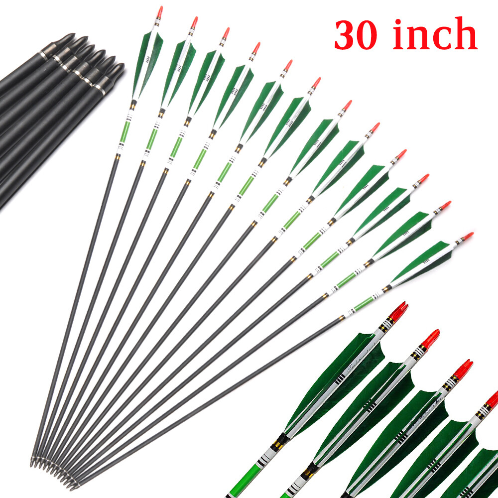 12Pcs Carbon Arrows 30»/32″ Spine 500 Changeable Tips 7.6mm Real Turkey Feather