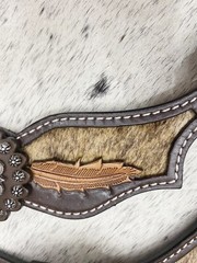Western Women’s Spur Strap Set with Leather Leaves on Cowhide, Raw Metal Concho