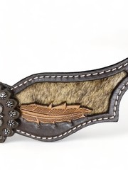Western Women’s Spur Strap Set with Leather Leaves on Cowhide, Raw Metal Concho