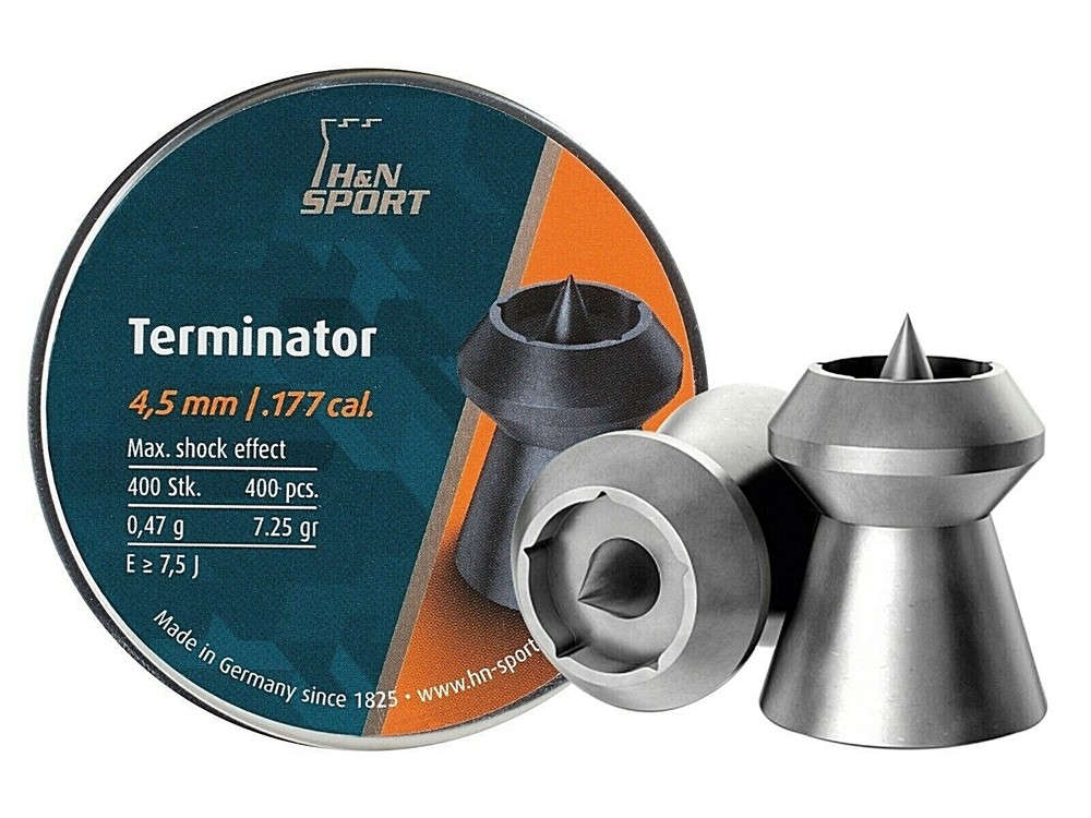 H&N TERMINATOR .177 CAL HOLLOW POINTED LEAD PELLETS 400 count 7.25 grains