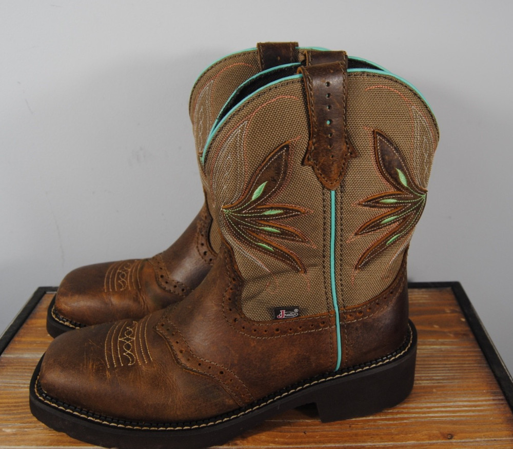 Justin Women’s Western Equestrian Boots Brown Leather Fabric GY9536 Size 9B