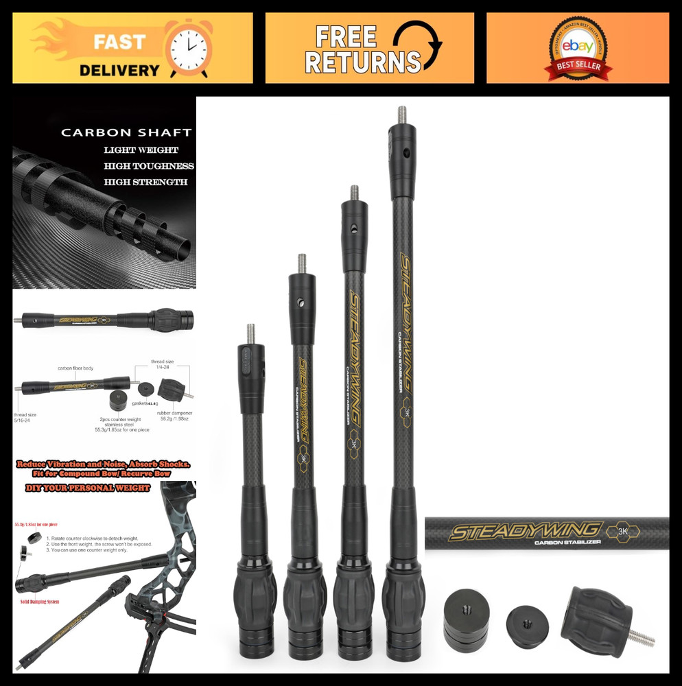 Archery Bow Stabilizer 6″ 8″ 10″ 12″ 15″ – Carbon Fiber, Damping System & Weight