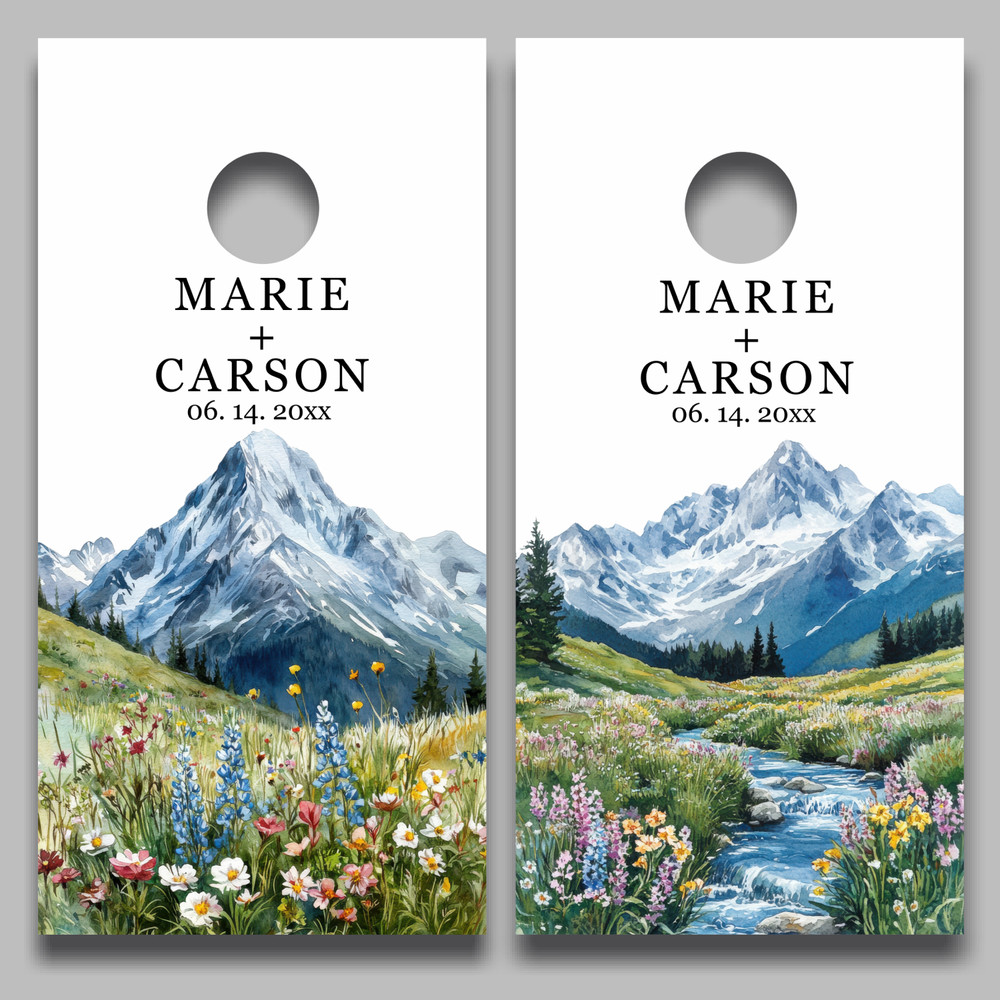 Cornhole Board Wraps Qty two 24″ x 48″ Custom Text Wedding Mountain Floral Theme