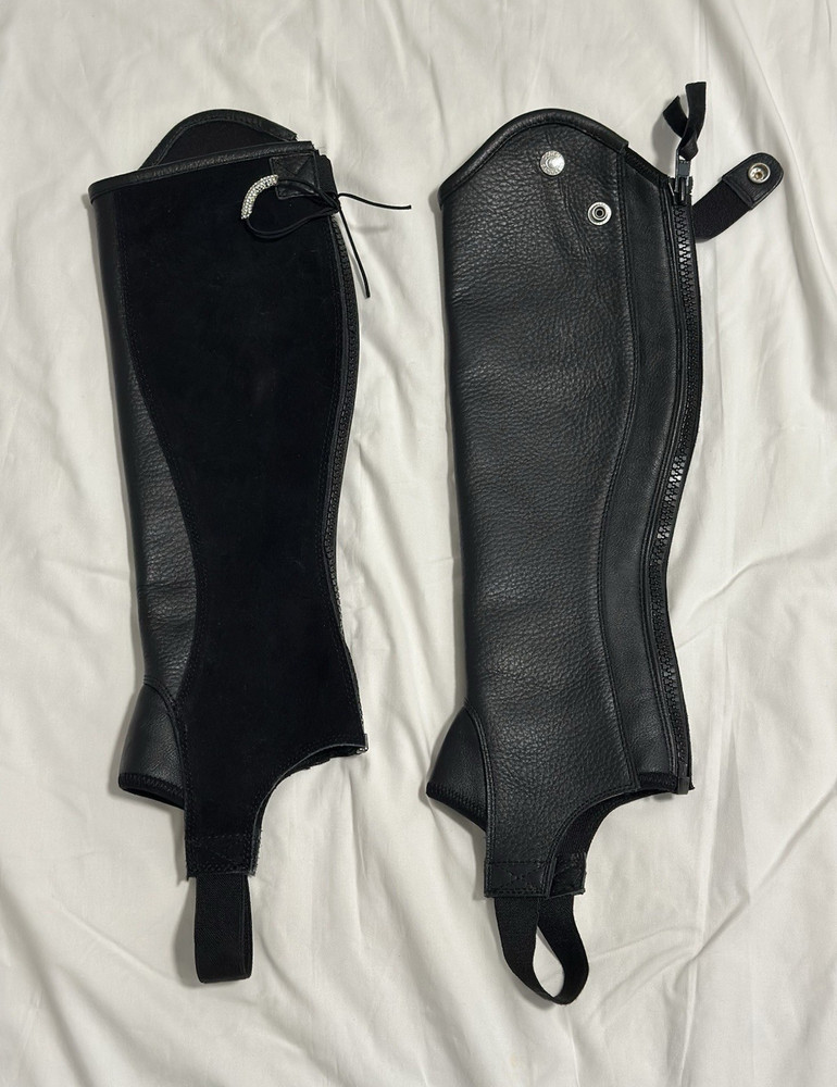 Dover Saddlery Black Leather Half Chaps with Side Zipper and Foot Strap Pair XS