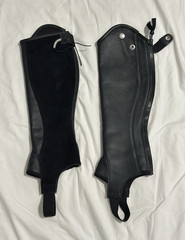 Dover Saddlery Black Leather Half Chaps with Side Zipper and Foot Strap Pair XS