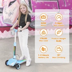 Commugo Kids Electric Scooter Light-Up Wheels Blue Lean-to-Steer 5 mph 3-9 Years