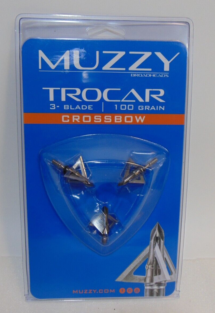 Muzzy Trocar Crossbow Broad Heads 3 blade 100 Grain 100gr 3 Pack Deer Bear Elk