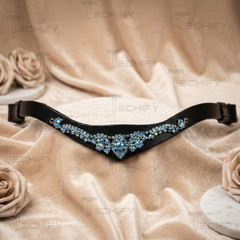 Black Leather Horse Browband Blue Crystal Rhinestone Western Bling Tack