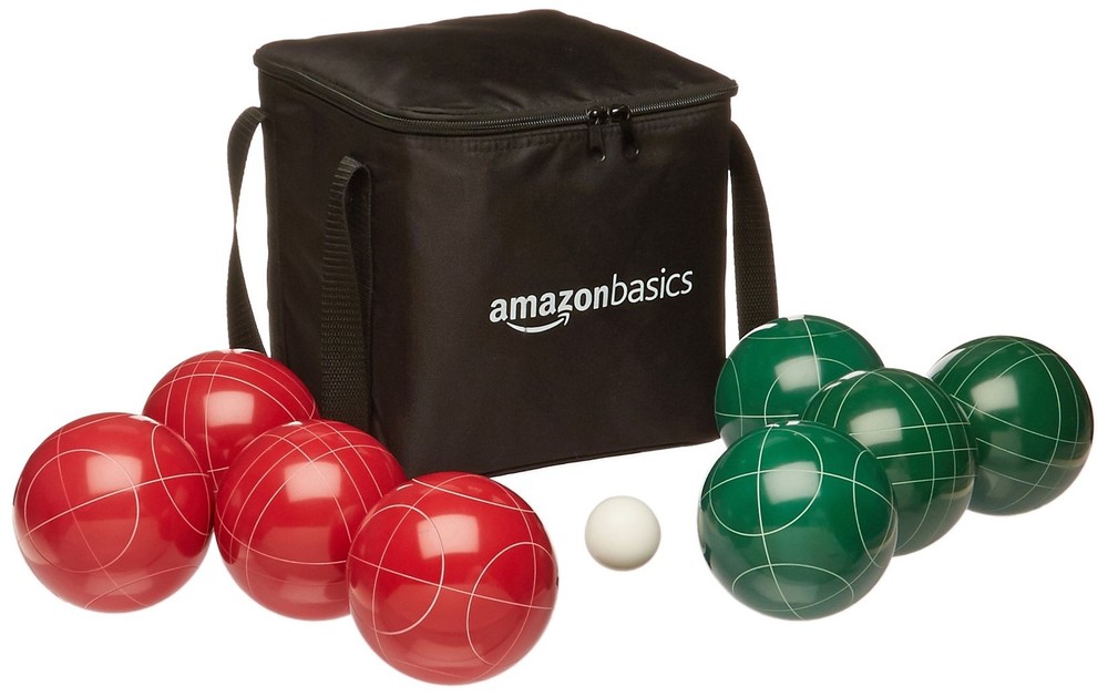 Amazon Basics 100mm Bocce Ball Game Set with 100mm, Green, Red, White